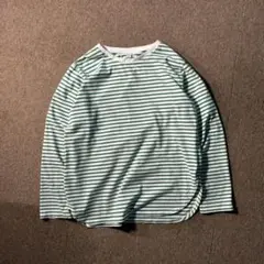 UNIQLO レディースL ボーダー カットソー ラウンドヘム 緑 白 ロンT