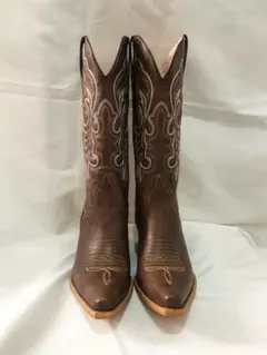 本革調ウエスタンロングブーツ 刺繍デザイン レディース