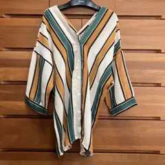 白緑オレンジストライプシャツ 六部袖ブラウス スキッパー