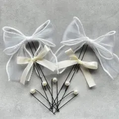 再販　リボン ヘアピン 髪飾り オーガンジー 白 色 推し活 ホワイト ヘアメ