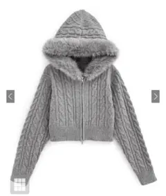 grl ファーフードダブルジップケーブルニットカーディガン　mb1601 グレー