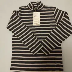 新品　無印　ハイネック長袖Tシャツ チャコールグレーボーダー 130