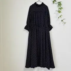 美品✨レイカズン 【M】レトロ フリルネック ロングワンピース 七分袖 ネイビー