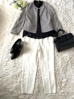 オフィスカジュアルコーデ3点セットスエード風 ノーカラーパンツセットアップ