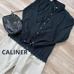 【美品】CALINER カリネ 裾刺繍レースブラウス 綿100% ネイビー 長袖