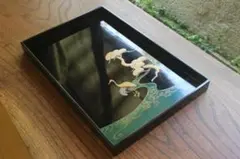 時代逸品！時代黒漆にモダン光琳鶴蒔絵の映える長方盆（検輪島塗お盆お膳茶道具