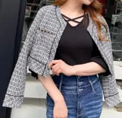 glossy tweedノーカラージャケット