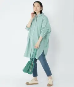 美品 スタジオクリップ ストライプ シャツワンピース 緑