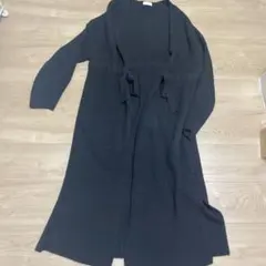 ブラックロングニットカーディガン ウエストリボン付き