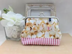 ポップコーン柄♡ストラップ付　ぷっくりがま口 小銭•小物入れ　 ハンドメイド