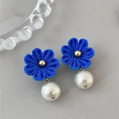 no.8青×コットンパールピアス　イヤリング　和風　つまみ細工　成人式