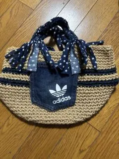 ハンドメイド　手作り　リメイク　adidas 星柄リボン付きハンドバッグ
