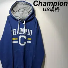 【US規格】希少 Champion 胸ロゴ プリント パーカー ネイビー 紺 L