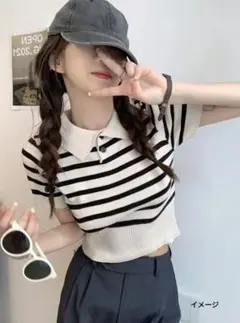 ボーダー柄ポロニットトップス♡オフホワイトのサムネイル