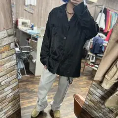 パジャマシャツ XL ポリ100オーバーサイズ黒サテンシャツ