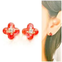 レッド6mmお花ピアス/イヤリング