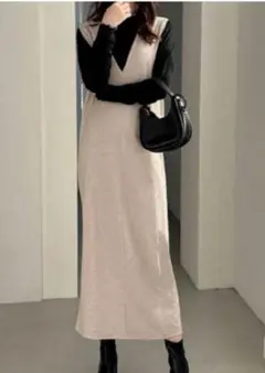 GRL Vネックノースリーブ ロングワンピース ベージュ