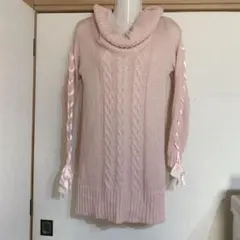 M ニット ピンク リボン 編み込み レディース セーター 冬 可愛い