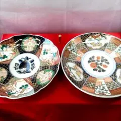 明治伊万里焼 金彩色絵 山水花草図中鉢二点セット 直径約21.5cm 古美術