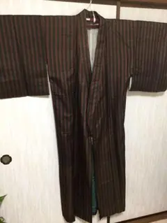 アンティーク着物(黒／赤ストライプ)正絹紬