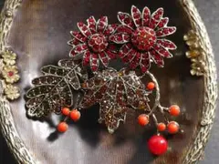 新品アンティーク調キラキラ秋色ストーンお花ブローチ　大きめ 帯どめ