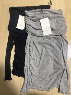 新品 ZARA ギャザーセミシアーコットントップス　オフショルダー 黒＆グレー