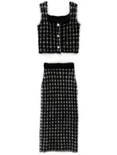 GRL シャギーニットチェック柄トップス×タイトスカートセットアップ dr491