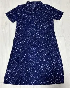 ネイビー 水玉 半袖シャツワンピース
