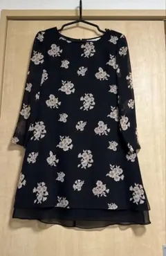 レトロAラインフレア　花柄シフォン長袖ワンピース