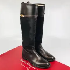 美品★サルヴァトーレフェラガモ・ハラコレザーガンチーニ金具付ロングブーツ(5.5