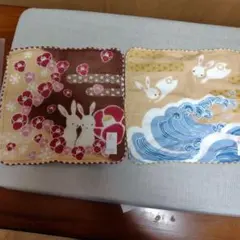 ウサギと花柄のタオルハンカチ　2枚