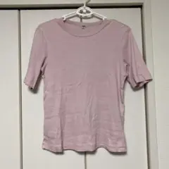 ユニクロ　リブクルーネックT（5分袖）　ピンク
