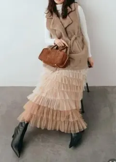 グラデーションチュールティアードスカート　ベージュ