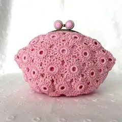 ビーズがま口ポーチ　シャーベットピンク