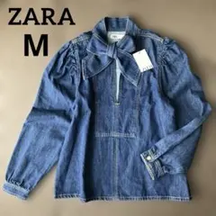 新品 ZARA ザラ ボウタイ デニムブラウス リボン デニムシャツ Mサイズ