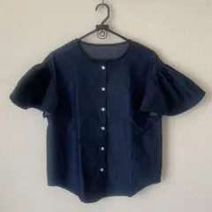 フリル袖ネイビーコットンブラウス M-L対応
