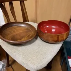 菓子器　木製皿と赤色花形ボウルセット