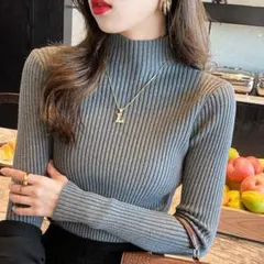 ハーフネック リブニット 長袖 トップス 大人 上品 レディース グレー