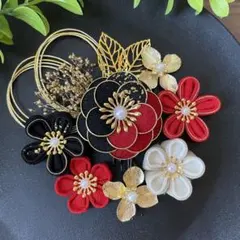 つまみ細工 髪飾り 成人式 結婚式 前撮り 10点セット 赤黒 【237】