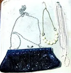 ビーズ黒パーティーバッグ＆パールネックレスセット