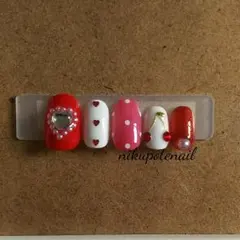 ネイルチップ さくらんぼ チェリー ハート ストーン 赤ラメ ドット