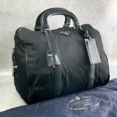 【美品】PRADA 三角ロゴプレート ボストンバッグ ナイロン レザー 黒色のサムネイル