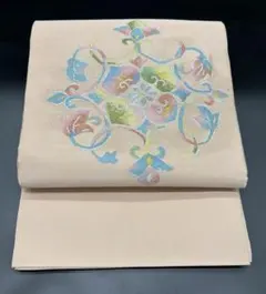 名古屋帯 洒落帯 高級 ♢ 正絹 塩瀬 うすピンク系 花柄 草花 R364