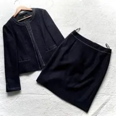 美品 23区 スカートセットアップ ツイード ビジュー 濃紺色 L 40