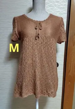 ブラウンカラーのレース編み 半袖ニット 重ね着　M