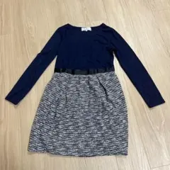 ロペピクニック ネイビーとグレーのひざ丈ワンピース ツイード生地