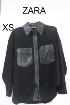 今タイム特価！プロフ必ZARA レザーポケットシャツブラック長袖シャツXS良品