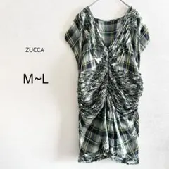 【ZUCCA】 ワンピース チェック柄 フリル ギャザー 綿100% Vネック