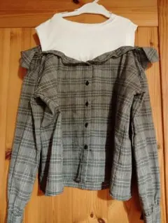 オフショルダー チェック柄 長袖シャツ