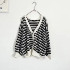 透かし編みニット　カーディガン　長袖　ボーダー　ゆったりシルエット◎ オファロ